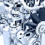 Dízelmotor részletei, kiemelve a modern technológiai újításokat.