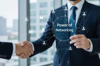 Két férfi kezet fog, miközben a networking erejét szimbolizáló grafika látható.