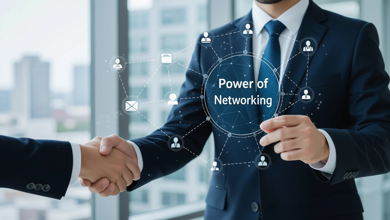 Két férfi kezet fog, miközben a networking erejét szimbolizáló grafika látható.