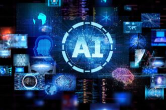 Digitális háttér, amelyen az AI felirat és különböző technológiai grafikák láthatók.