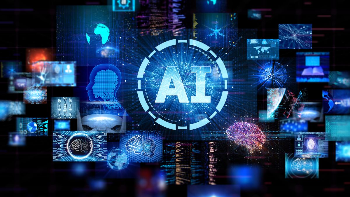 Digitális háttér, amelyen az AI felirat és különböző technológiai képek láthatók.