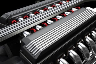 Egy V12-es motor részlete, csillogó fémfelületekkel és precíz alkatrészekkel.