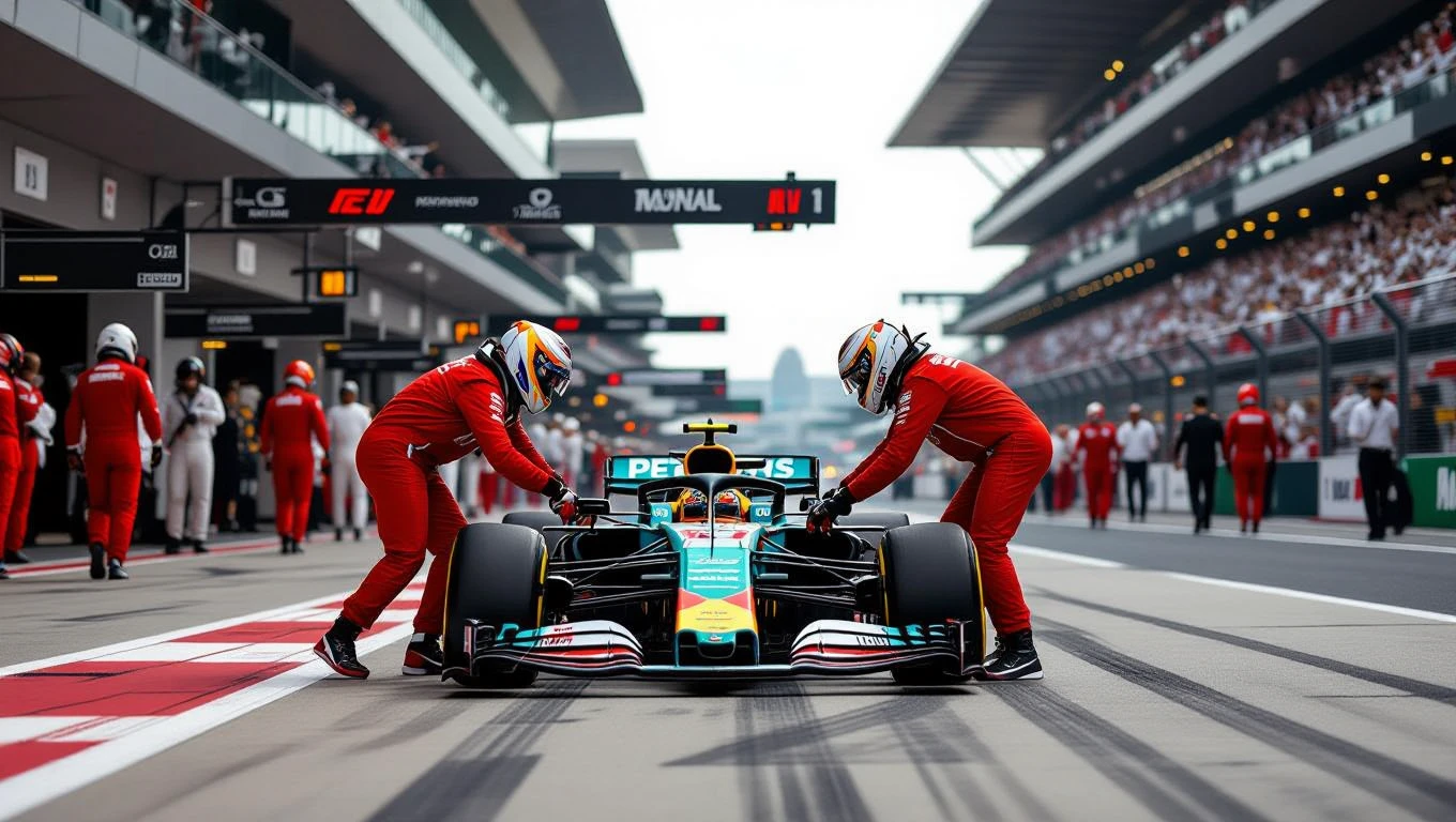 Két szerelő a boxban egy Formula 1-es autót készít elő a versenyre.