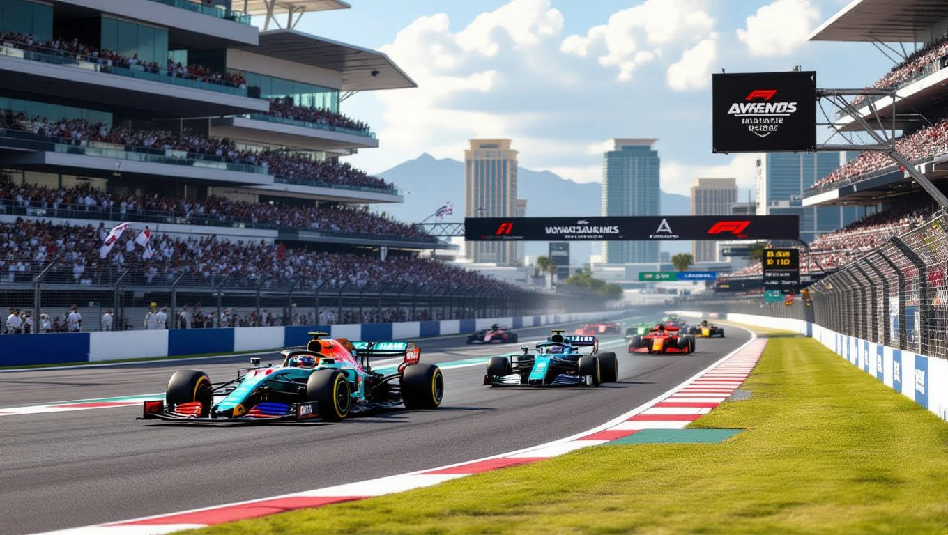 F1 autók versenyeznek a pályán, a nézők lelkesedése a háttérben.