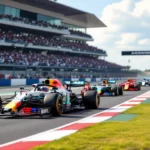 F1 versenyautók a pályán, izgalmas versenyhelyzet a nézők előtt.