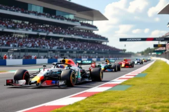 F1 versenyautók a pályán, izgalmas versenyhelyzet a nézők előtt.