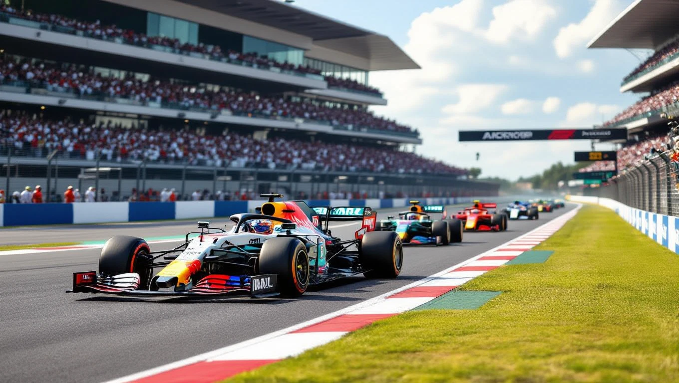 F1 versenyautók haladnak a pályán, nézők a háttérben.