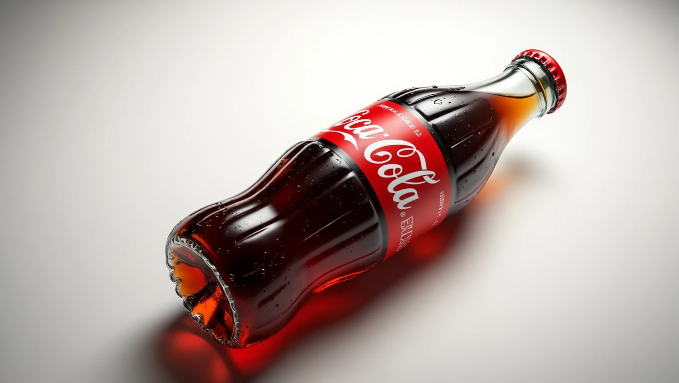 Egy üveg Coca Cola, amelyen vízcseppek láthatók, a háttér világos.