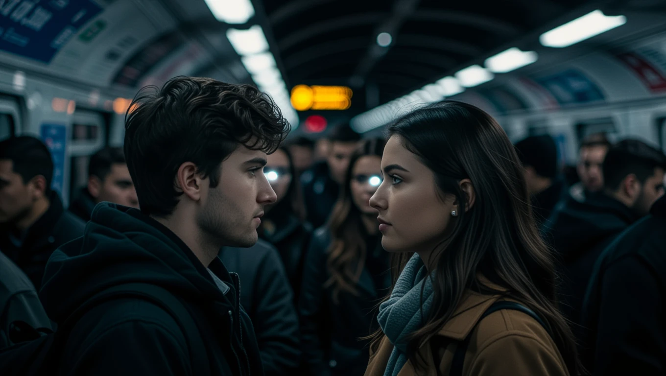 Két fiatal, férfi és nő, egymásra néz a metrón, körülöttük emberek.