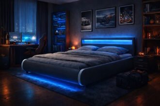 Modern franciaágy hálószobában LED világítással és szögletes designnal.