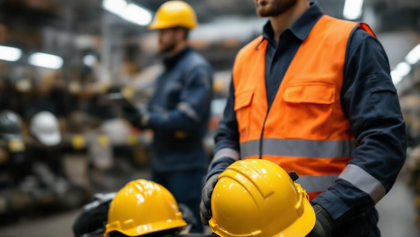 Munkavédelmi felszerelés és védősisak a munkahelyi biztonságért.