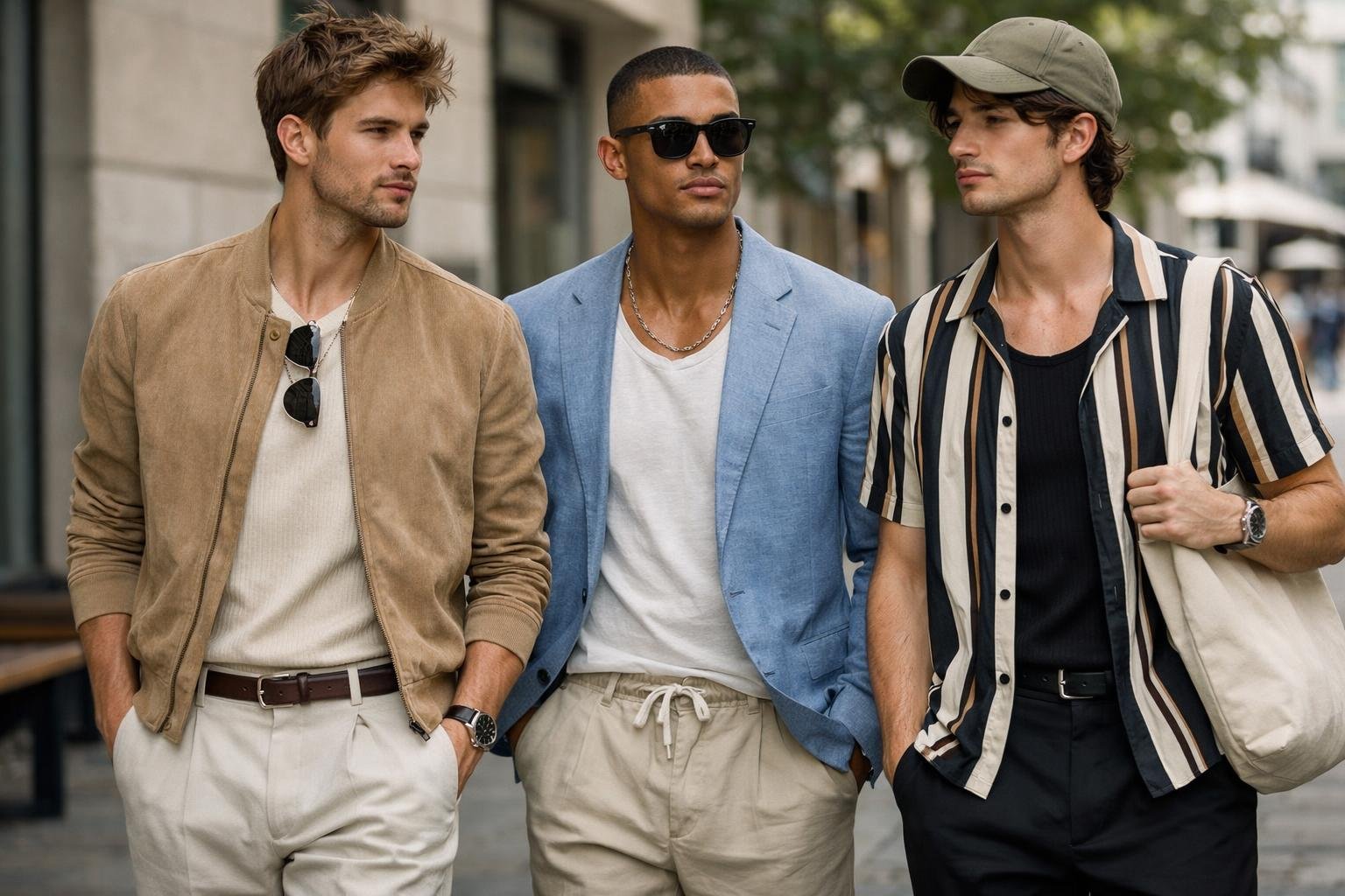 Három férfi stílusos ruhában sétál a városban, bemutatva a 2026 tavaszi trendeket.