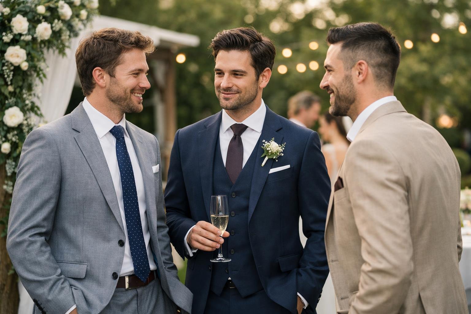 Férfiak öltönyben esküvőn beszélgetnek