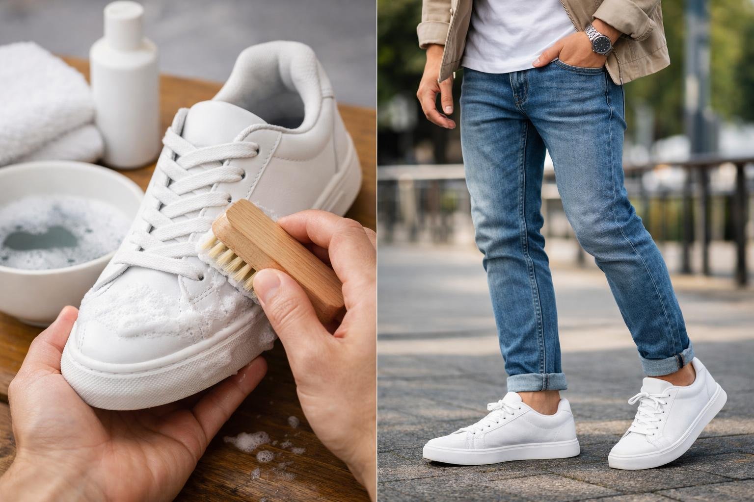 Fehér férfi edzőcipő tisztítása és viselése stílusosan.