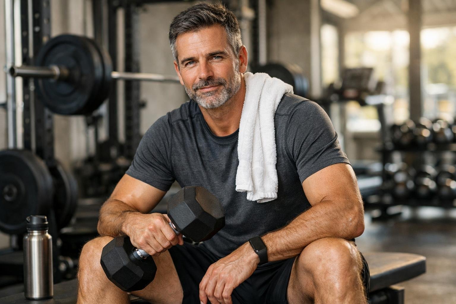 Férfi sportoló edzés közben súlyzóval a teremben