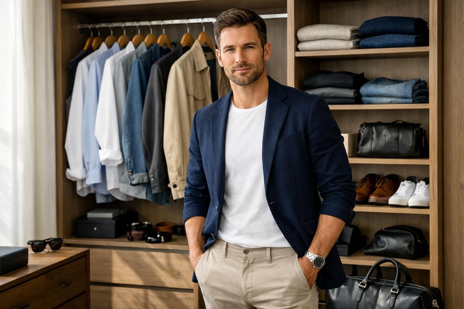 Férfi stílusos megjelenés kapszulagardrób előtt.