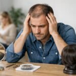 Férfi, aki hajhullása miatt aggódik a tükör előtt.