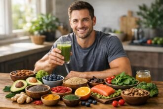 Egy férfi zöld turmixot tart, körülötte szuperélelmiszerek.