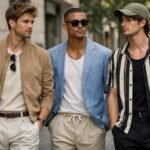 Három férfi stílusos ruhában sétál a városban, bemutatva a 2026 tavaszi trendeket.