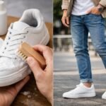 Fehér férfi edzőcipő tisztítása és viselése stílusosan.