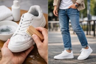 Fehér férfi edzőcipő tisztítása és viselése stílusosan.