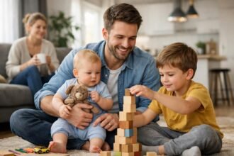 Modern férfi játszik gyermekeivel, érzelmi támogatást nyújtva.