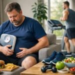 Férfi súlymérleggel és egészséges ételekkel a fogyás érdekében.