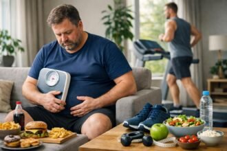 Férfi súlymérleggel és egészséges ételekkel a fogyás érdekében.