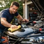 Egy férfi autót karbantart otthon, a motorháztetőn törölgetve.