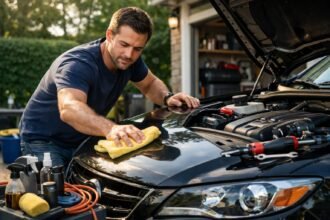 Egy férfi autót karbantart otthon, a motorháztetőn törölgetve.