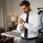 Férfi ingben és nyakkendőben, óra állítása a tükör előtt.