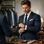 Férfi öltönyben az öltözködés előtti pillanatban.