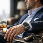 Férfi karóra stílusos öltönyben, ital mellett ülve.