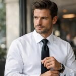 Elegáns férfi fehér ingben és fekete nyakkendőben