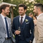 Férfiak öltönyben esküvőn beszélgetnek