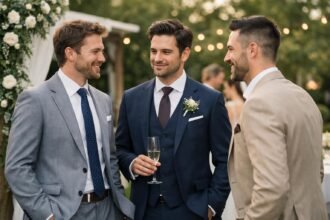 Férfiak öltönyben esküvőn beszélgetnek