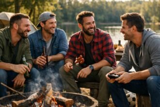 Férfiak barátságban tűz mellett, közös élményeik megosztásakor.