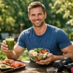 Férfi egészséges táplálkozás zöld turmixszal és ásványi ételekkel.