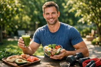 Férfi egészséges táplálkozás zöld turmixszal és ásványi ételekkel.