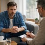 Férfi tanácsadás mentális egészségről, beszélgetés pszichológussal.