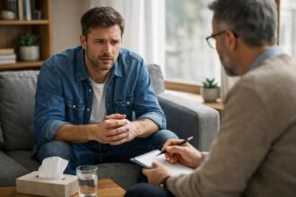 Férfi tanácsadás mentális egészségről, beszélgetés pszichológussal.