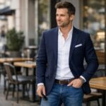 Férfi zakó és farmer kombináció stílusos megjelenése