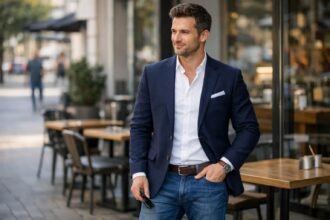 Férfi zakó és farmer kombináció stílusos megjelenése