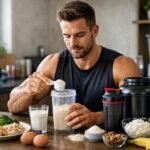 Férfi edzés előtti fehérjepor adagolása egészséges ételek között.