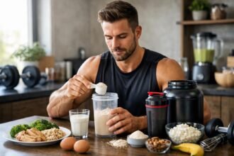 Férfi edzés előtti fehérjepor adagolása egészséges ételek között.