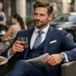 Férfi elegáns öltözékben, whiskyvel a kezében, újságot olvasva