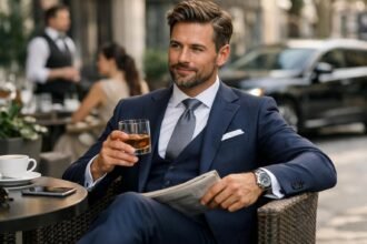 Férfi elegáns öltözékben, whiskyvel a kezében, újságot olvasva