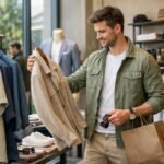 Férfi ruházat boltjában, friss stílusokra vágyva.