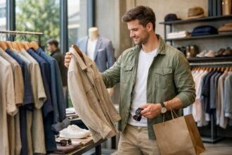 Férfi ruházat boltjában, friss stílusokra vágyva.