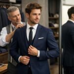 Férfi próbálja az öltönyét szakértő segítségével